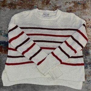 Striped White Sweater with Red and Brown Accents
